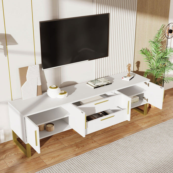 Steven 66.9\" Cabinet TV Sur Pieds avec Poignees et Pieds Dores, Blanc