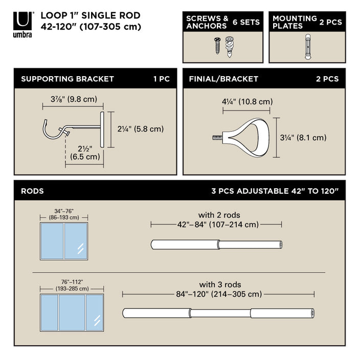  Tringle à rideaux extensible Loop de Umbra nickel de 1 po - 42 po à 120 po