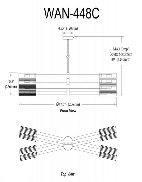 Luminaire suspendu Wand de Dainolite en verre givré, avec fini noir mat et 8 ampoules