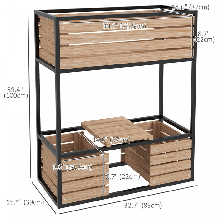 Outsunny Lit De Jardin Sureleve A 2 Niveaux, Jardiniere Surelevee Avec Etagere De Rangement, Support Pour Plantes En Bois Pour Fleurs, Legumes, Herbes, Marron Clair