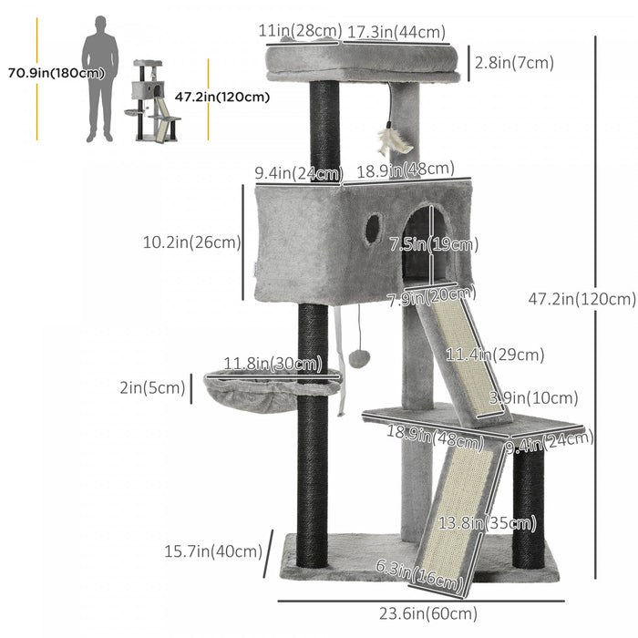 Pawhut 47\" arbre A Chat D'interieur, Centre D'activites, Tour Pour Chats Avec Rampe De Lit Chat Condo Hamac Suspension Balle Jouetcsisal Corde A Gratter, Gris Clair