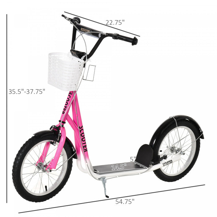 Homcom Trottinette Patinette Pour Enfants 5-12 Ans Hauteur Guidon Reglable Frein Av/ar Panier De Rangement Porte-gobelet Integres Roues Pneumatiques Bequille Metal Alliage D'alu Rose