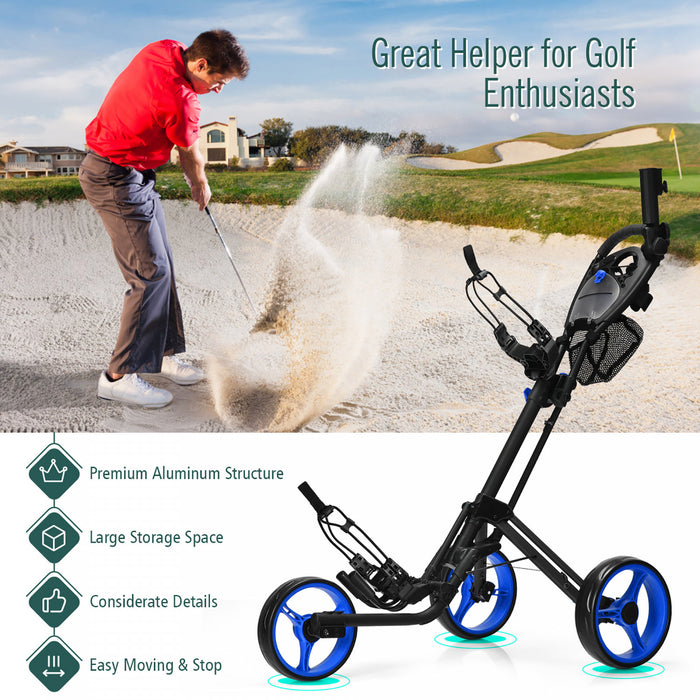 Goplus Pliant 3 Roues Golf Push Cart W/brake Scoreboard Poignee Reglable Bleu