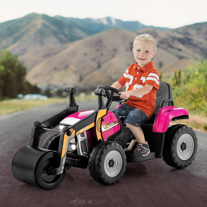 Costway Enfants Rouler Sur Route Rouleau 12v Tracteur Electrique A Distance W / Musique & Led Rose Clair