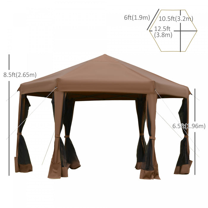 Outsunny 13' X 11' Heavy Duty Pop Up Canopy Avec Forme Hexagonale, Filet Lateral A 6 Mailles, Hauteur Reglable A 3 Niveaux Et Armature En Acier Solide, Marron Fonce