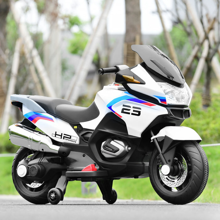 Moto Electrique 12v Pour Enfants Avec Roues D'entrainement Et Eclairage, Blanc