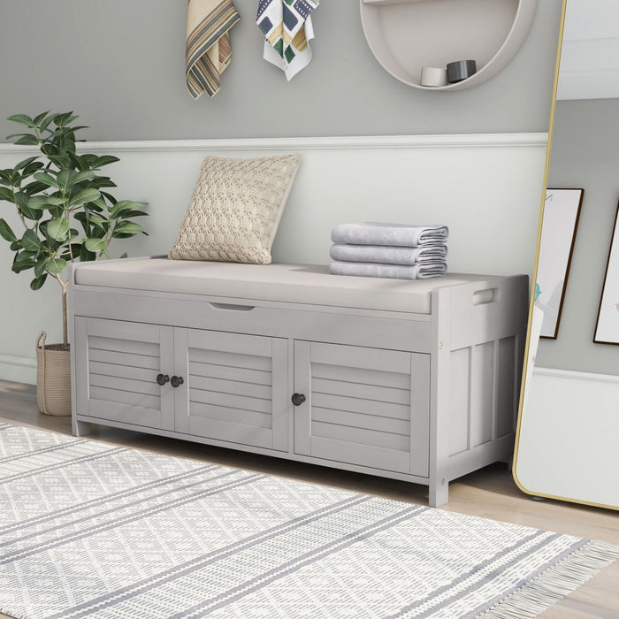 Banc De Rangement Olivia En Pin Avec Meuble A Chaussures 3 Portes Et Compartiment Cache, Gris Patine