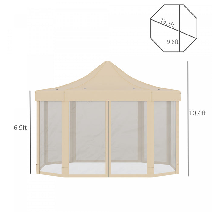 Outsunny 13' X 10' Tonnelle Barnum De Jardin Pliable Gazebo Pop-up Tente Reception Octogonale Avec Parois Laterales Zippees Sacs De Sables Hauteur Reglable Sac De Transport Pour Patio Cour Beige