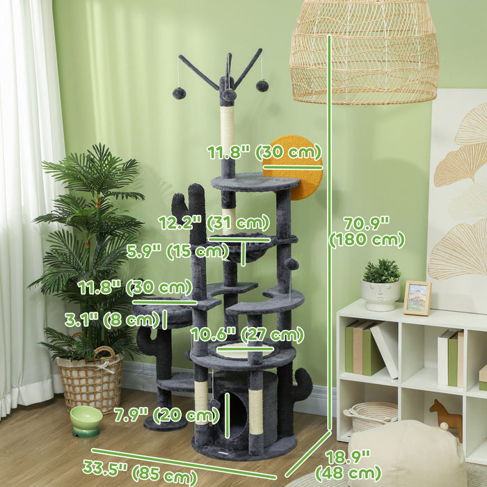 Pawhut Arbre A Chat De 71\" De Haut, Tour A Plusieurs Niveaux Pour Chats Avec Griffoirs, Coussin En Sisal, Lit, Hamac, Plates-formes, Centre D'activite Pour Chat, Gris Fonce