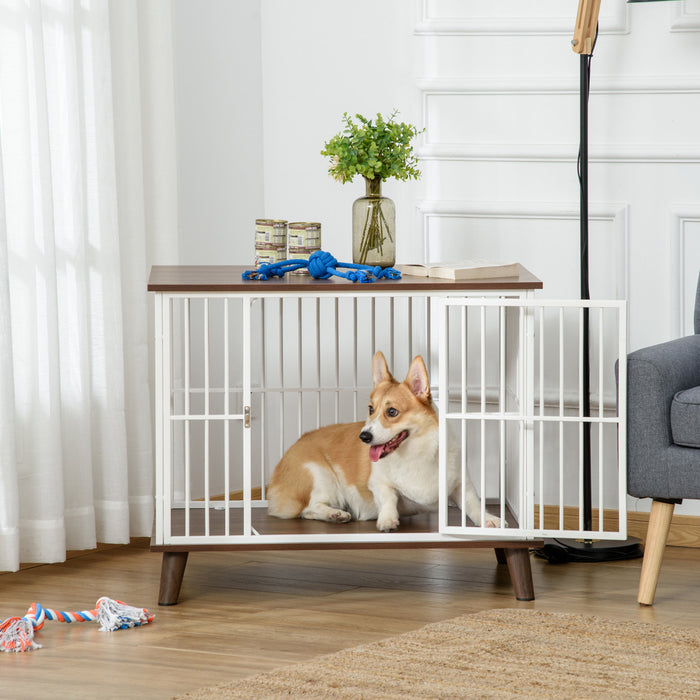 Pawhut Cage Pour Chien Moyens Animaux Avec Coussin Amovible Lavable Porte Verrouillable Avec Loquet Acier Panneaux De Particules Blanc Marron