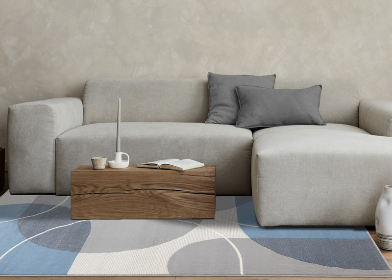 Carpette Forte bleue, grise et blanche à motif géométrique de demi-cercles - 7 pi 9 po x 10 pi 6 po