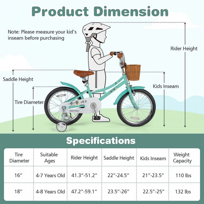 Costway 18\" Velo Pour Enfants Avec Guidon Reglable En Hauteur Siege Panier Cloche Roues D'entrainement Vert