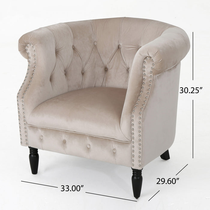 Fauteuil Akira En Tissu Velours Avec Capitonnage À Boutons Et Bordure Cloutée -  Couleur Champagne