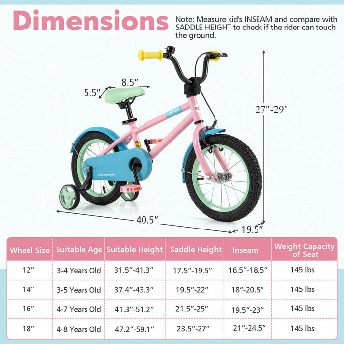 Costway 14\" Velo Pour Enfants Avec Guidon Reglable De Selle Roues D'entrainement Amovibles Frein A Main Rose