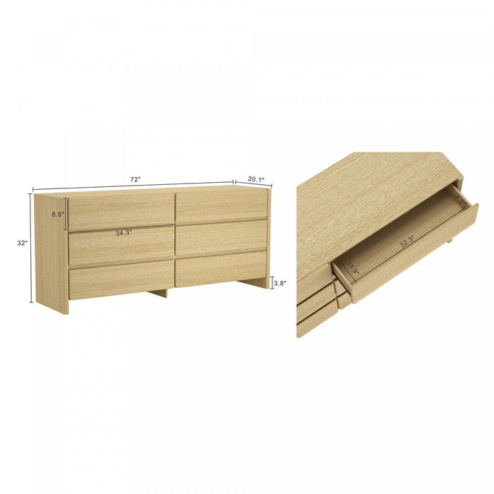 Commode moderne Linda 72\" en chene naturel (6 tiroirs)