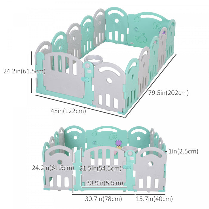 Qaba 2.1' Parc Pour Bebe Barriere De Securite Pour Enfants Mom's Helper Safety Yard Cloture Pour Centre D'activites Pour Enfants Pour La Maison, L'interieur Et L'exterieur, 14 Pieces (vert Et Gris)