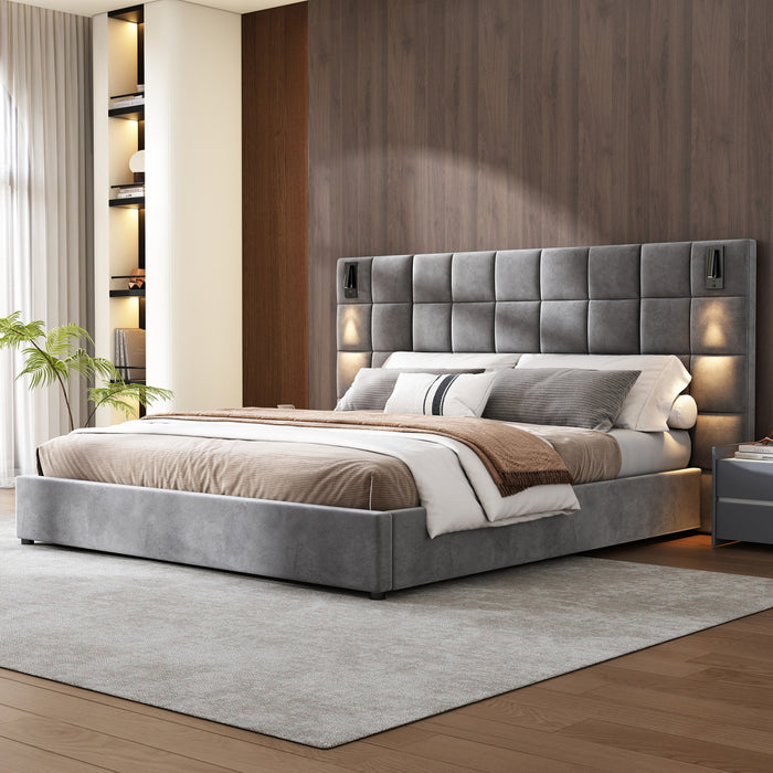 Lit Ethan en Velours a Plateforme avec Tete de Lit a Motif Grille et Ports USB, Taille Queen - Gris