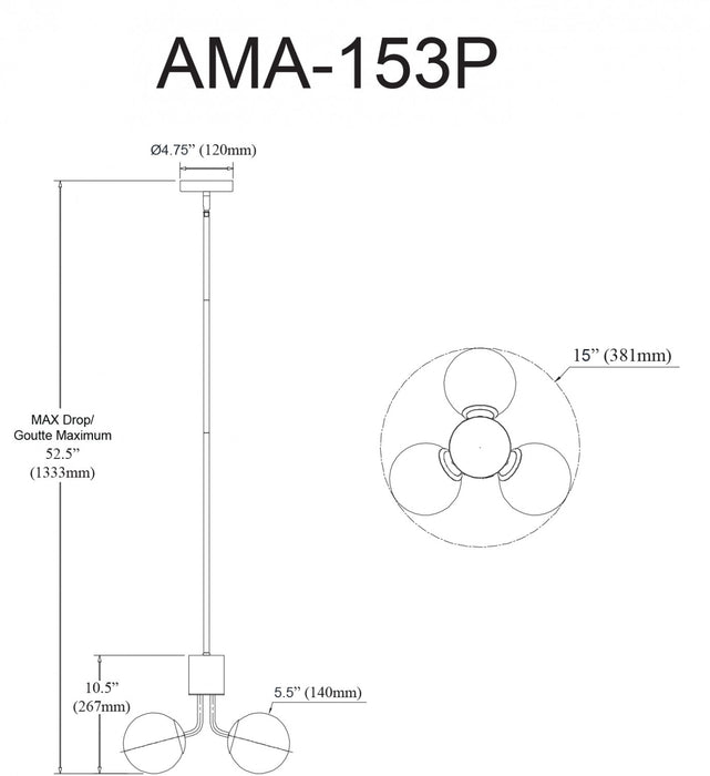 Luminaire suspendu Amanda de Dainolite en verre blanc opale, avec fini noir mat et 3 ampoules
