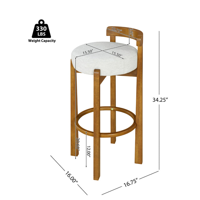 Elise – Lot de 2 tabourets de bar modernes a assise ronde en bois d’hevea avec dossier incurve de soutien et revetement en sherpa, couleur ivoire