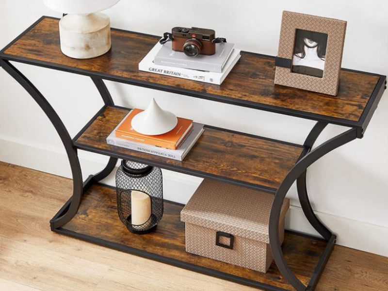 Console de qualité supérieure avec tablette de rangement - apparence de bois recyclé avec métal noir