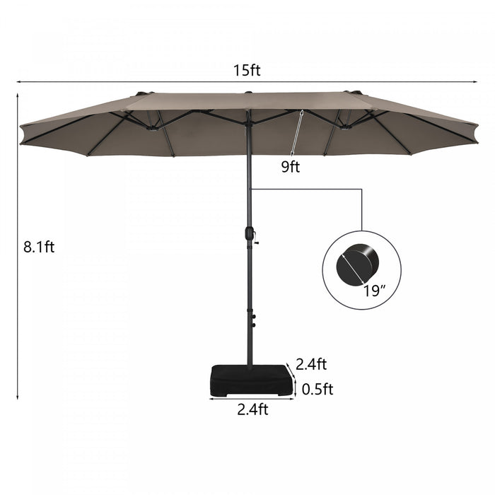 Parasol de patio jumeau double face Costway de 15 pieds, ombrage exterieur, manivelle et base de marche couleur cafe