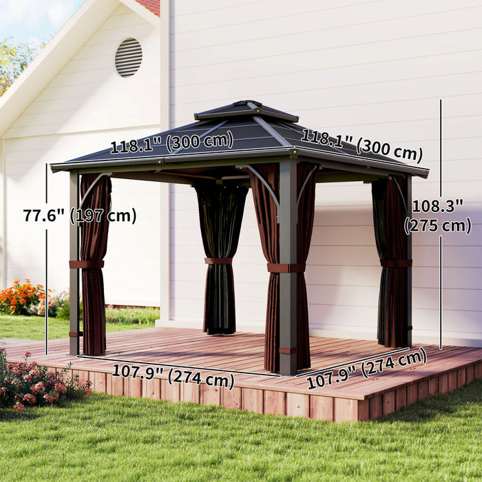 Outsunny Tonnelle 3x3m a Toit Rigide en Polycarbonate avec Rideaux et Moustiquaire