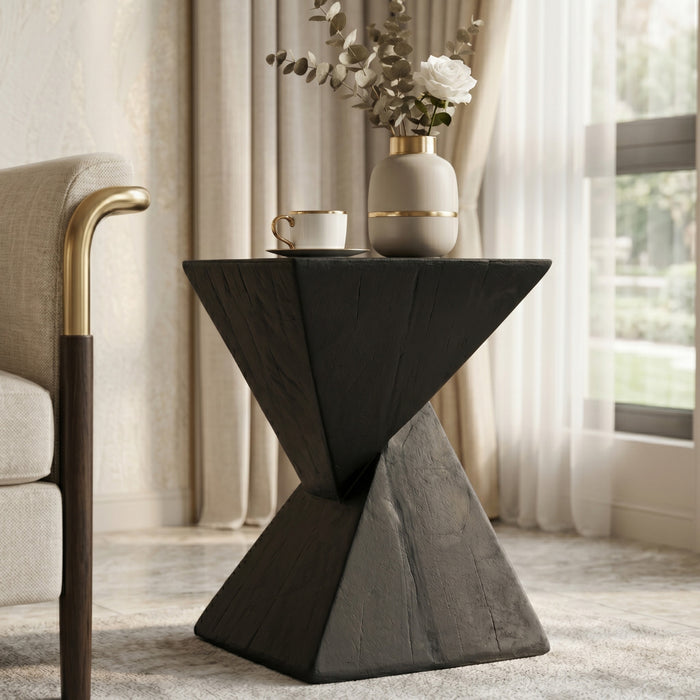 Table d'appoint geometrique torsadee Zane 18 pouces MGO, table laterale interieure a grain de bois, noir