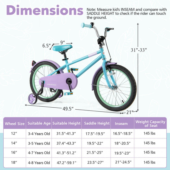 Costway 18\" Velo Pour Enfants Avec Guidon De Selle Reglable Roues D'entrainement Amovibles Frein A Main Bleu