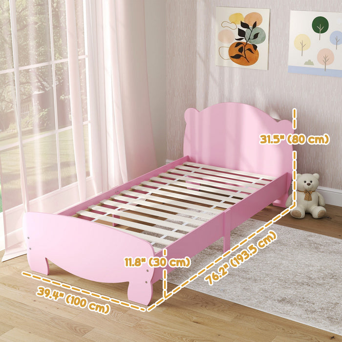 Qaba Cadre de lit double pour enfants, plateforme pour tout-petits avec tete et pied de lit en forme d'ours, support a lattes, pour garcons et filles de 3 a 12 ans, rose