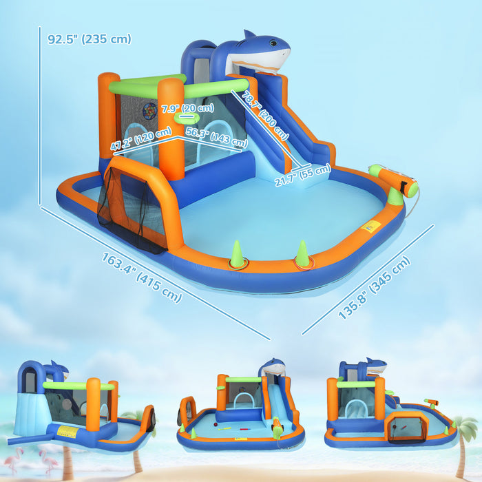 Chateau gonflable Qaba sur le theme des requins pour enfants avec toboggan, bleu