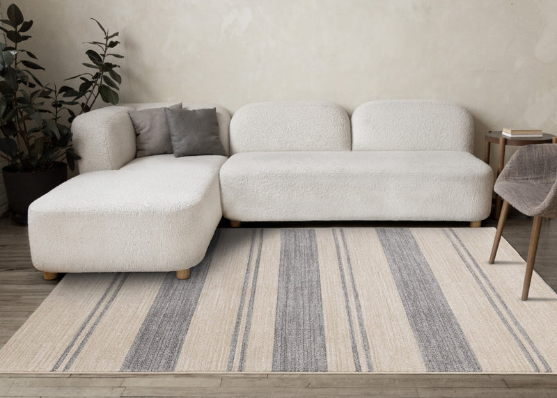 Tapis Covington beige et gris a rayures, 6'7\" x 9'10\"