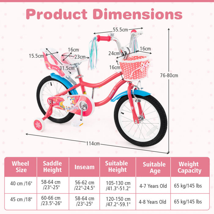 Costway 16\" Velo Pour Enfants Avec Siege De Poupee Panier Et Streamers Colores 2 Roues D'entrainement Rose