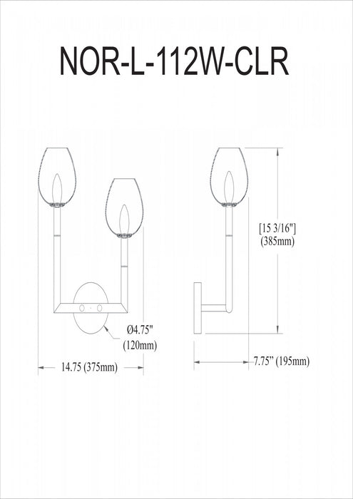 Applique murale Nora de Dainolite à éclairage vers la gauche, en verre transparent, avec fini noir mat et 2 ampoules