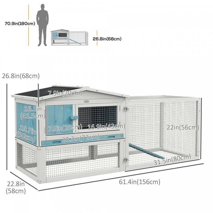 Pawhut Clapier D'exterieur A 2 Niveaux, Grande Cage A Lapins En Bois De 62 Po Avec Toit Resistant Aux Intemperies, Plateau Amovible, Portes, Fenetres Et Rampe, Bleu Clair