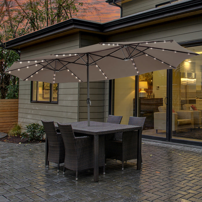 Costway Parasol double face jumeau 15FT pour patio avec 48 LED solaires a manivelle Cafe