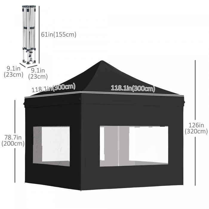 Outsunny 10' X 10' Tonnelle Barnum Pop-up Tente D'abri Instantane Pliable Avec Parois Laterales, 4 Fenetres, 4 Sacs De Sable Et Sac De Transport, Noir