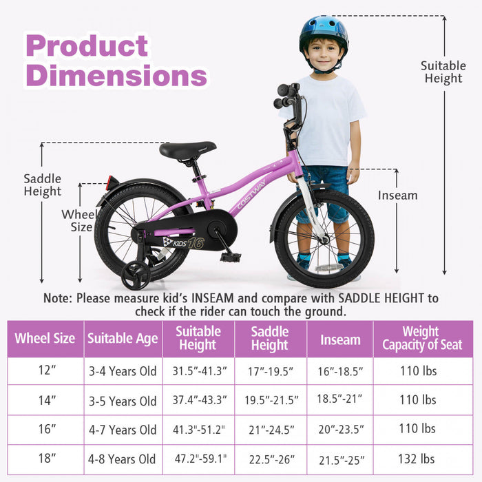 Costway 16\" Velo Pour Enfants Pour Garcons Et Filles De 4 A 7 Ans Avec Reflecteurs De Frein A Main Reglables Violet