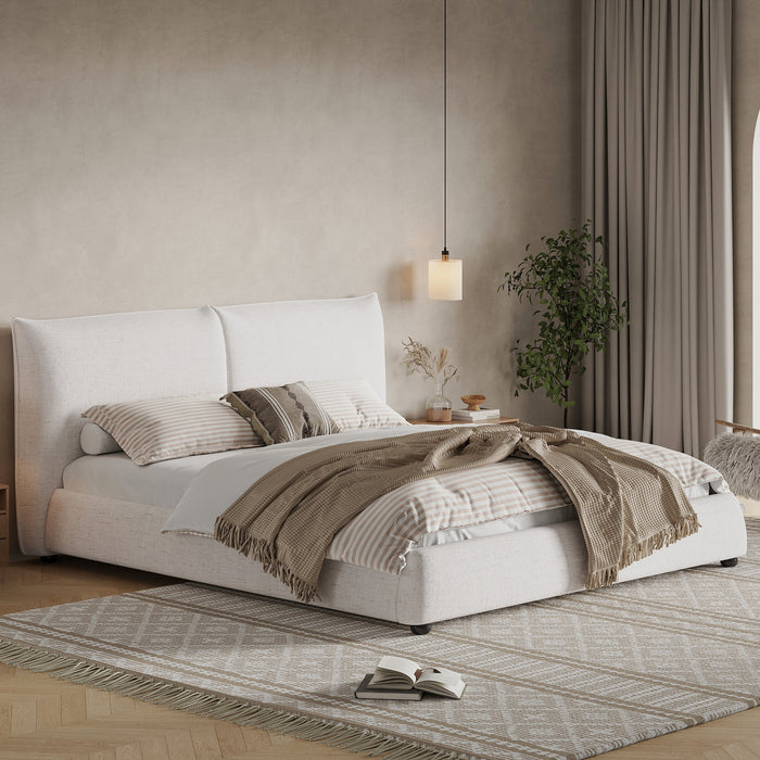 Lit plateforme Mason en tissu melange de lin avec tete de lit rembourree a coussins, taille king, blanc