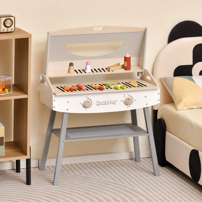 Ensemble De Barbecue De Jeu En Bois Pour Enfants, Barbecue Jouet Bbq Avec 17 Ustensiles De Grill En Bois Et Nourriture De Jeu, 4 Pieds En Bois Massif, Jeu De Cuisine D'imitation Pour Usage Interieur Et Exterieur, Cadeau Pour Garcons Et Filles De Plus De 3 Ans