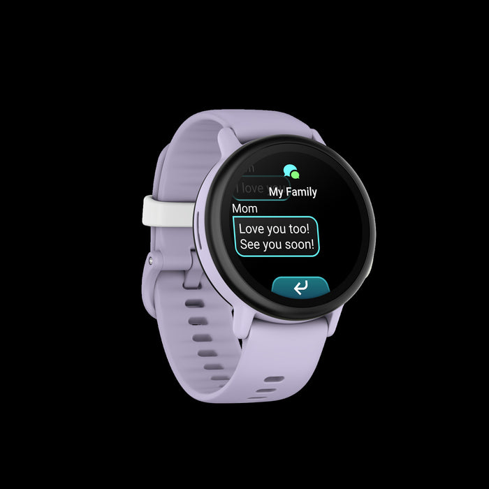Montre intelligente pour enfants Garmin Bounce 2 Violet clair - Vetement sur, suivi sportif GPS, surveillance du sommeil, commandes vocales, themes amusants, quiz educatifs