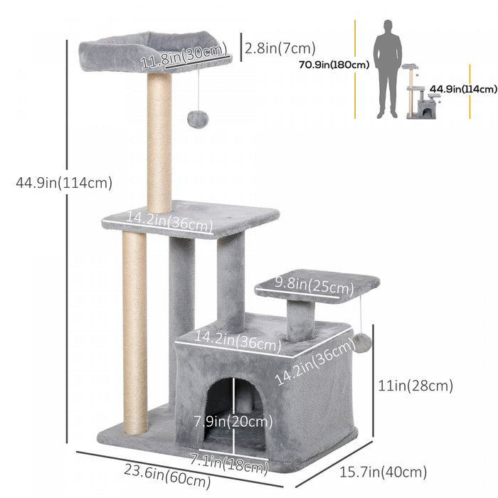 Pawhut Arbre A Chat D'interieur, Condo A Plusieurs Niveaux Avec Griffoir En Sisal, Perchoir, Boule A Suspendre, Gris Clair