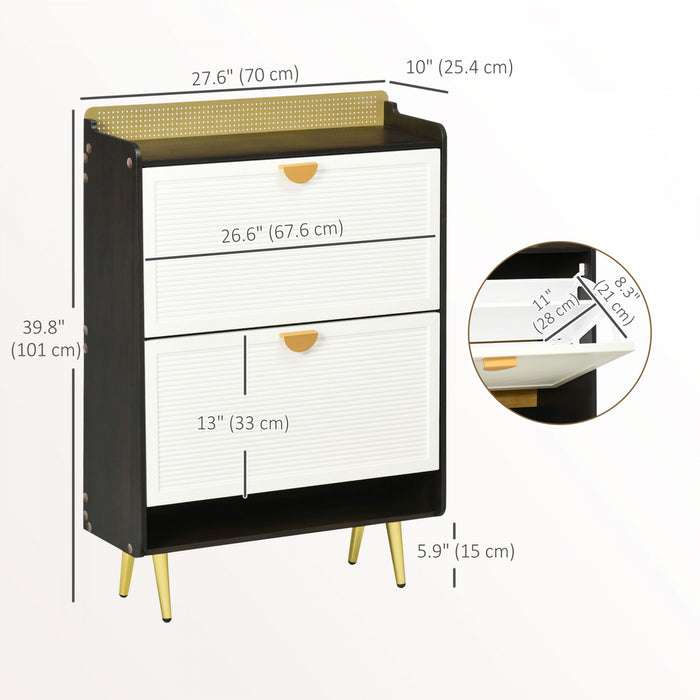 HOMCOM Armoire a Chaussures 2 Tiroirs Rabattables Porte Bambou Blanc