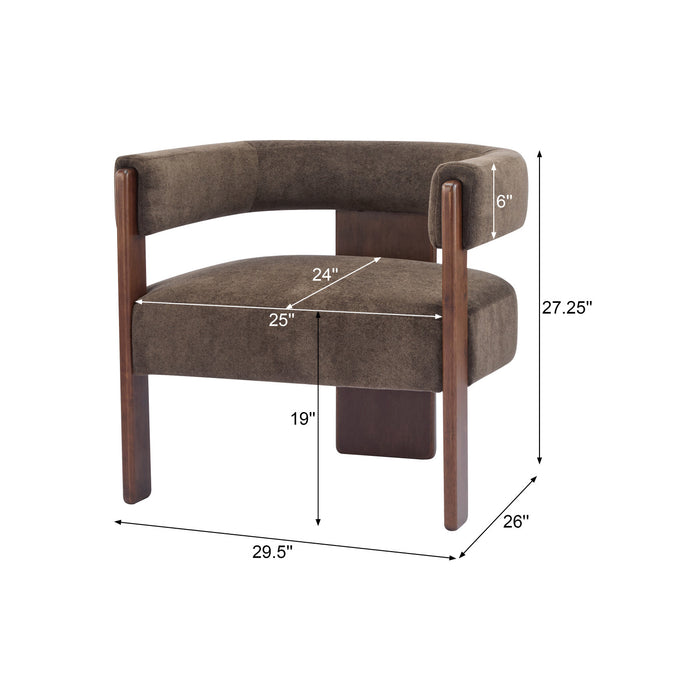 Olivia Fauteuil d’appoint rembourre en velours avec dossier cylindrique et structure en bois de caoutchouc, marron fonce