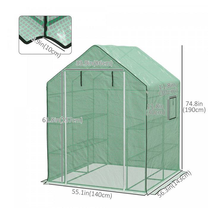 Outsunny Serre De Plain-pied De 4,6' X 4,7' X 6,2' Avec 3 Niveaux Et 8 Etageres, Serre D'exterieur Avec Couverture En Pe Renforcee, Porte Enroulable Pour Serre De Jardin Et Fenetres En Maille, Vert