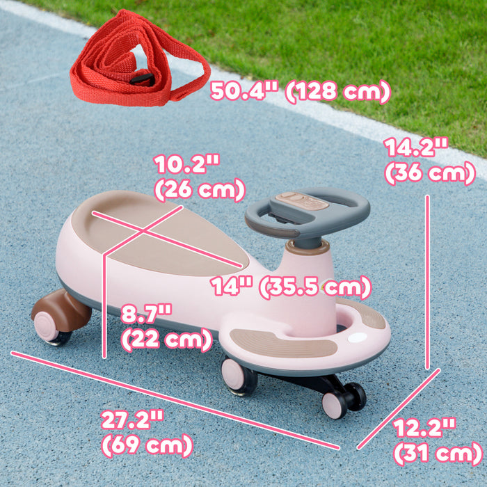 Qaba Voiture Pour Enfants De 2 A 6 Ans, Avec Corde De Traction Pour Les Parents, Musique, Lumiere, Voiture Sans Piles, Mouvement De Torsion Pour Diriger, Rose