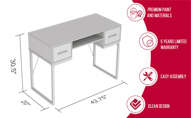 Bureau d’ordinateur de 43 po avec 2 tiroirs et 1 tablette - taupe foncé avec base en métal noir