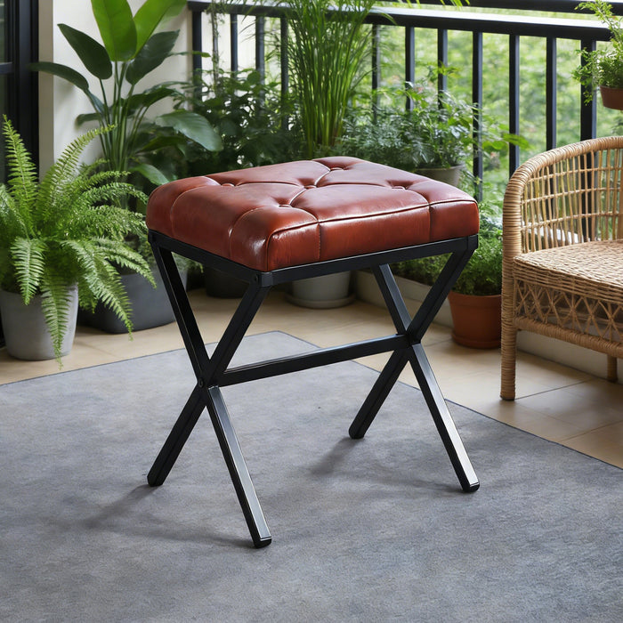 Tabouret d’appoint Liam avec coussin capitonne et pieds en metal, couleur marron