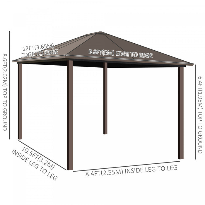 Outsunny 12x10pi Patio De Luxe A Toit Rigide En Acier, Tonnelle Jardin Abri Soleil Cadre Aluminium Robuste Pavillon Exterieur Avec Rideaux Et Filet, Marron