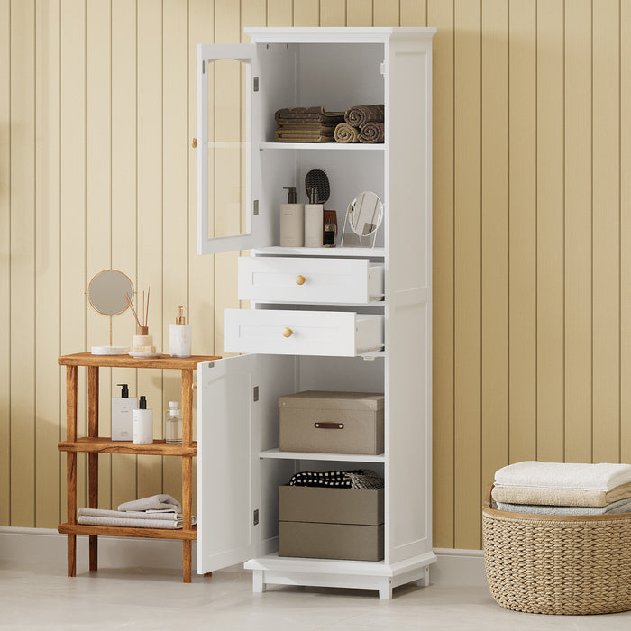 Jamie Armoire Haute De Salle De Bain 63\" En Bois De Pin Avec Etageres Reglables Et Portes Vitrees - Blanche