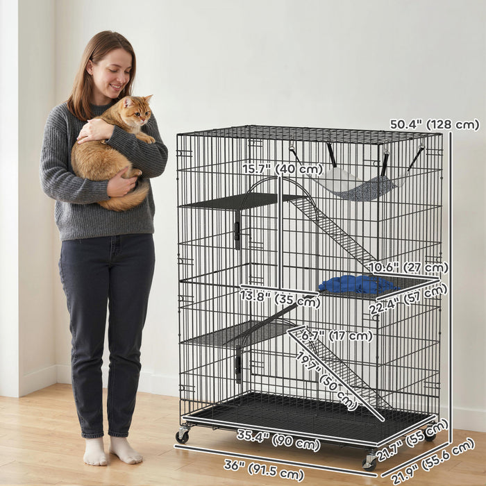 Cage pour Chats a 4 Niveaux, Enclos Grand Format en Metal avec Roues
